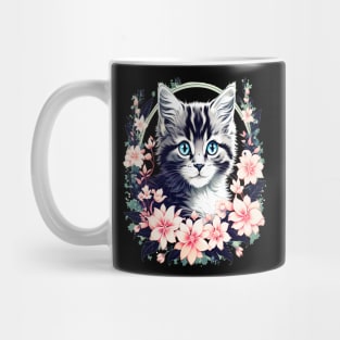 Black and Grey Kitten Surrounded by Spring Flowers Mug